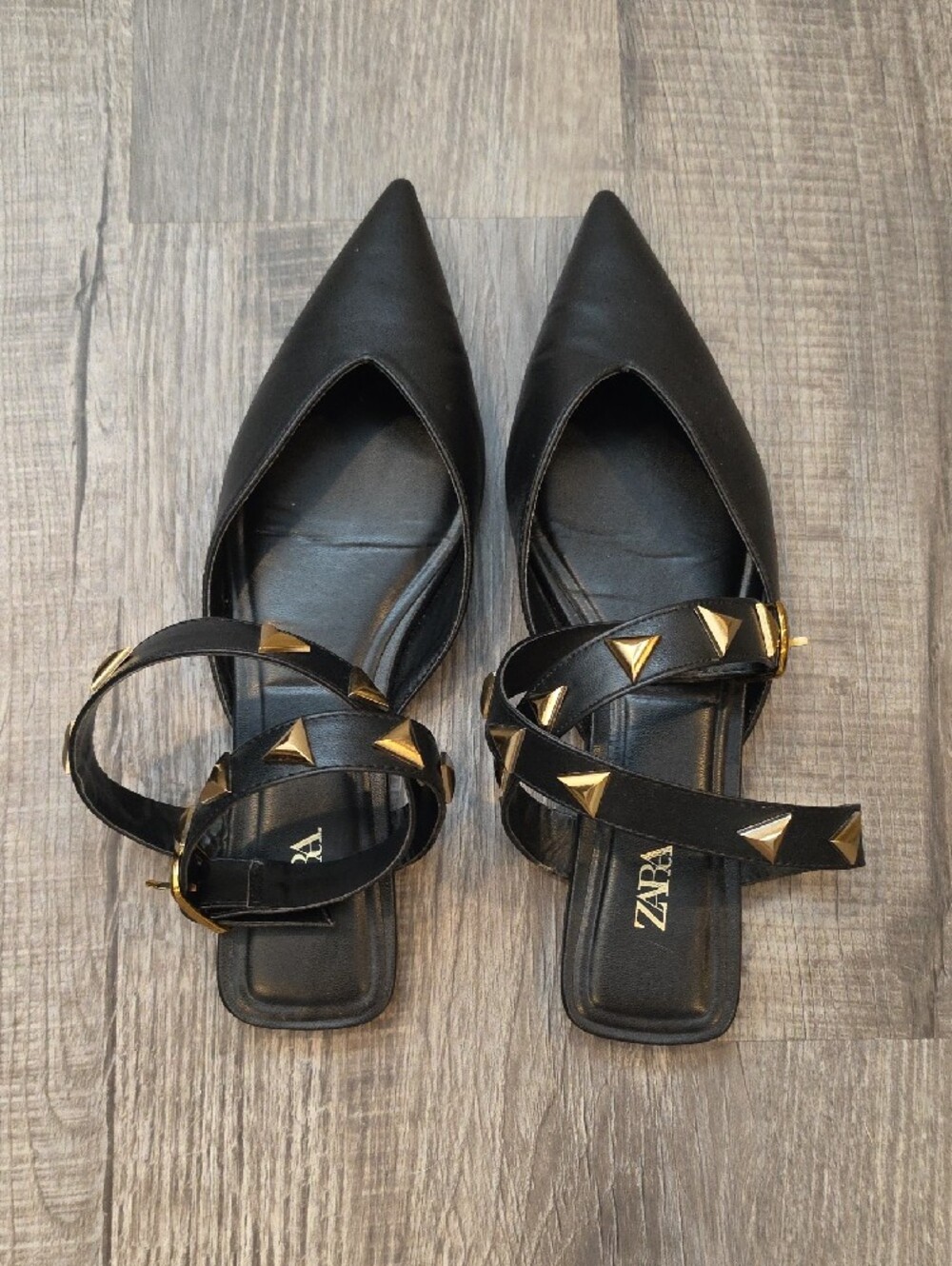 Zara Black Pointed Studded Ankle-Strap Flats with Gold Accents - Picture 2 of 5